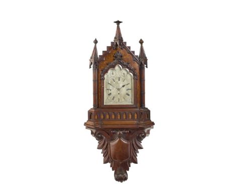  VICTORIAN WALNUT GOTHIC STYLE QUARTER CHIMING BRACKET CLOCK AND WALL BRACKET 19TH CENTURY the silvered Gothic arch dial with