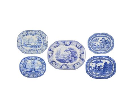  FIVE BLUE AND WHITE TRANSFER PRINTED MEAT PLATES 19TH CENTURY comprising a Spode tree and well meat dish, ‘Forest Landscape’