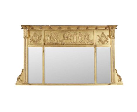  REGENCY GILTWOOD AND GESSO OVERMANTEL MIRROR EARLY 19TH CENTURY the projecting ball mounted cornice over above a frieze with