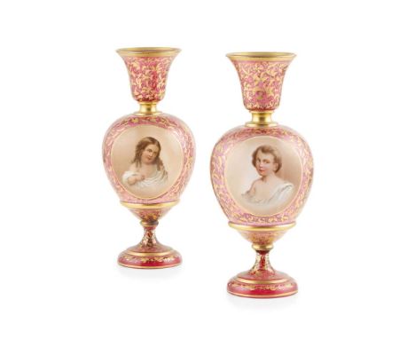  PAIR OF BOHEMIAN RUBY GLASS VASES LATE 19TH CENTURY of ovoid form, each painted with a portrait of a young boy and a girl, t