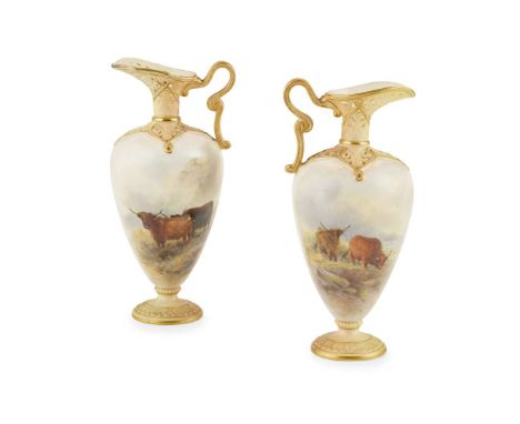  NEAR PAIR OF ROYAL WORCESTER PORCELAIN EWERS DATED 1901 AND 1903 each with a reticulated spout and scroll handle, painted wi