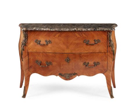  LOUIS XV STYLE KINGWOOD AND MARQUETRY MARBLE TOP COMMODE LATE 19TH CENTURY the serpentine grey and pink brêche marble top wi