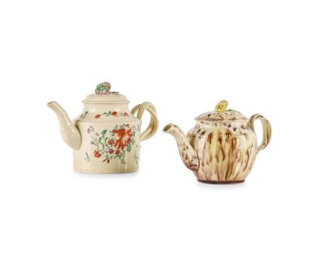  TWO MINIATURE TEAPOTS LATE 18TH CENTURY one a polychrome painted creamware example with domed cover and floral decoration, w