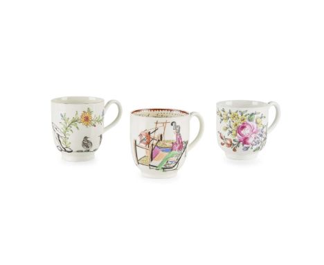  THREE WORCESTER PORCELAIN POLYCHROME CUPS LATE 18TH CENTURY one densely painted with flowers, unmarked, Albert Amor label; a