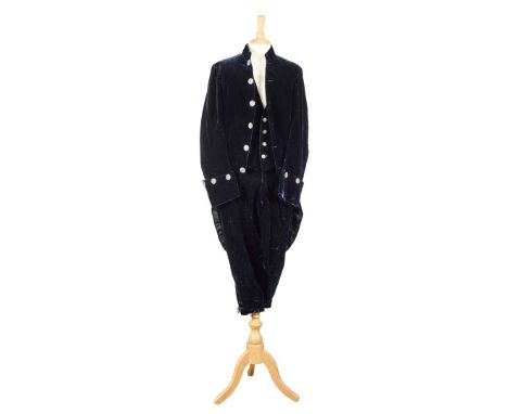  VICTORIAN COURT DRESS AND SWORD 19TH CENTURY comprising a tail-coat with matching waistcoat and breeches, in crushed dark bl