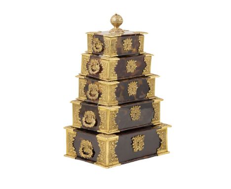  SET OF FIVE DUTCH COLONIAL INDONESIAN TORTOISESHELL SIRIH OR BETEL BOXES 19TH CENTURY pyramid of five graduated boxes, the t