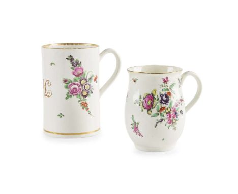  TWO WORCESTER FLORAL PAINTED MUGS CIRCA 1770 one of cylindrical form, polychrome painted with sprays and sprigs of flowers, 