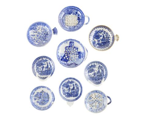  COLLECTION OF NINE BLUE AND WHITE PORCELAIN EGG DRAINERS EARLY 19TH CENTURY comprising three Caughley examples printed with 