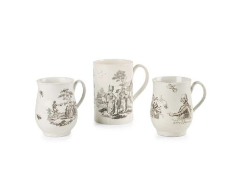 THREE LARGE WORCESTER PRINTED MUGS LATE 18TH CENTURY one of baluster form, printed with ‘The Minuet’ and ‘The Garland Makers