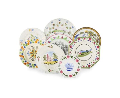  COLLECTION OF SCOTTISH POTTERY PLATES AND A GREENOCK PRATTWARE PLAQUE 19TH CENTURY comprising six plates, including an octag