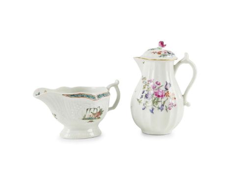  WORCESTER JUG WITH COVER AND A WORCESTER SAUCE BOAT CIRCA 1760-1770 the fluted sparrow beak jug with domed cover and flower 