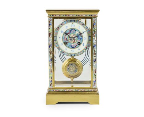  FRENCH GILT BRASS AND CHAMPLEVE ENAMEL FOUR GLASS MANTEL CLOCK LATE 19TH CENTURY the cream enamel chapter ring with blue Ara