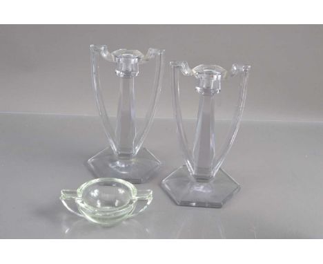 A pair of trophy shaped Davidson 'Chippendale'  Art Deco style crystal candlesticks,  together with an art deco glass ashtray