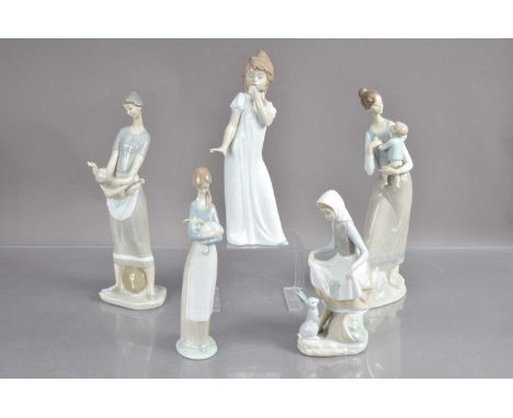 Four Lladro figures and a Nao example, including two Lladro mothers and babies, a Llodro girl and rabbit, a Lladro girl and l