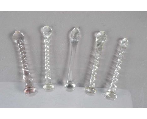 Five 19th Century English glass toddy sticks or sugar crushers, also known as tampers stirrers or muddlers. Of varying form f