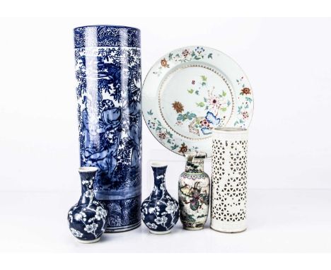 19th Century and Later Oriental Ceramics, large blue and white stickstand of cylindrical form, decorated with figures, hairli