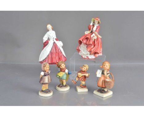 A pair of Royal Doulton figurines and four Goebel Hummel figures, including Royal Doulton 'The Ermine Coat' and 'Top O'The Hi