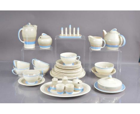 A Susie Cooper Art Deco pottery breakfast set in "Wedding Ring" pattern circa 1921, blue-grey-brown-cream colourway. The set 