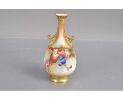 A Royal Worcester blush ivory bud vase,  reticulated neck with twin-handles. Hand-painted decoration with blackberries and le