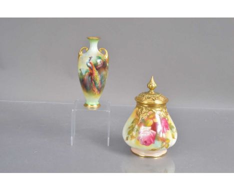 Two Royal Worcester 1920s porcelain items, including a small peacock two-handled vase the painting signed by F J Bray. 14 cm 