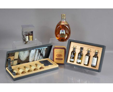 Various fine connoisseur Scotch single malt tasting miniatures, together with a 75cl bottle of De Luxe 12 years old John Haig