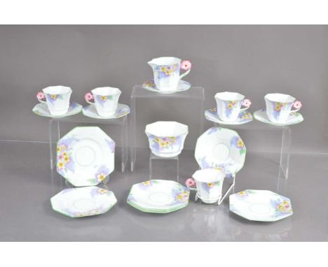 A very pretty Art Deco bone china teaset "Lilac Time" pattern by 'Melba Bone China' the handles each moulded with a blossom. 