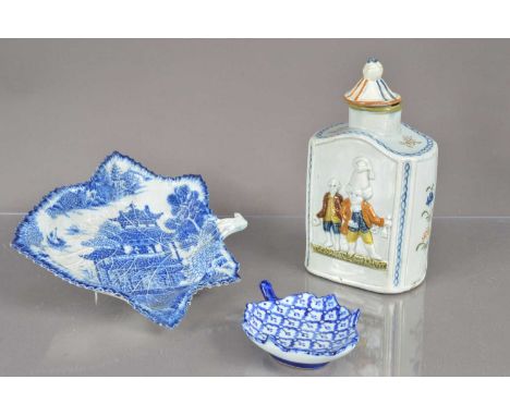 An 18th Century Prattware "Macaroni" Tea Canister, Staffordshire, circa 1790, depicting swells and a lady with her maid [see 