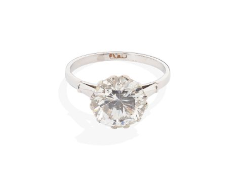 claw set with a single round brilliant-cut diamond, to a plain shank stamped PLAT, with accompanying report by Gemmological C