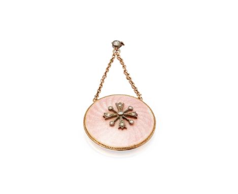 of circular outline, the pink guilloche enamel ground with applied rose-cut diamond star motif, to a trace link chain loop wi