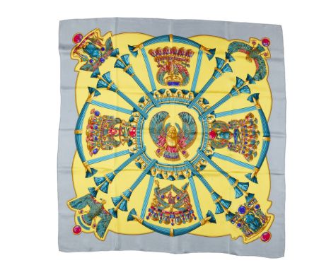 the first grey and yellow with Egyptian motifs; the second navy with planets and stars motif(90cm x 90cm)