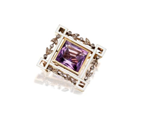 collet set with a square-cut amethyst in geometric white enamel border with rose-cut diamond set floral detail, with brooch a