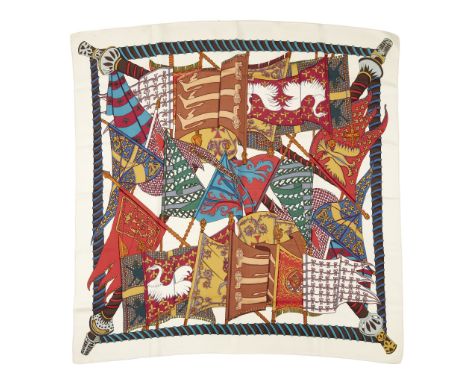 the first cream with flag motifs; the second green and purple with alphabetical pastoral scenes(90cm x 90cm)