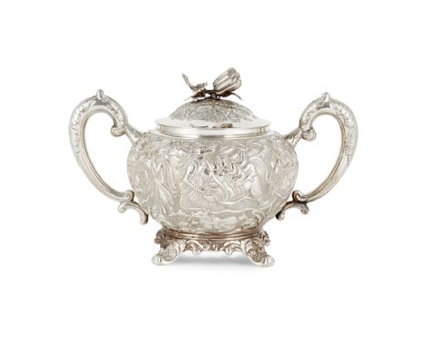 of baluster form, with chased figurative detail throughout, two C-scroll handles the pull-off cover with gourd finial, to fou