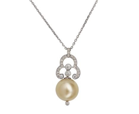the pierced scrolling bale pavé set with graduated round brilliant-cut diamonds, suspending a golden South Sea pearl and smal