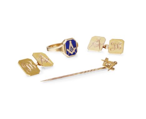 to include an 18ct gold and blue enamel signet ring, a pair of 9ct gold cufflinks with engraved detail and a 9ct gold stick p