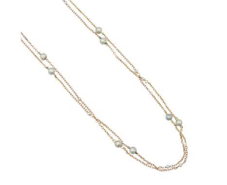 composed of small belcher links, set at intervals with seed pearls and green enamel ball spacers, to a bolt ring clasp, unmar