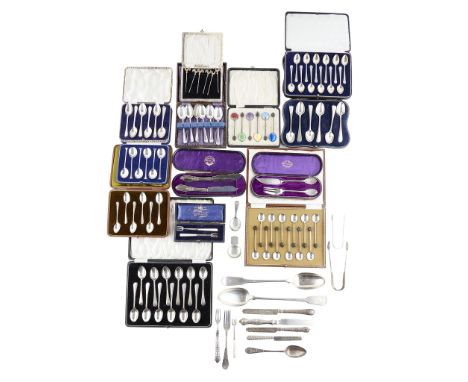 comprising thirteen cased set of mainly teaspoons and coffee spoons, also cocktail sticks, pickle forks, and fish knives; tog