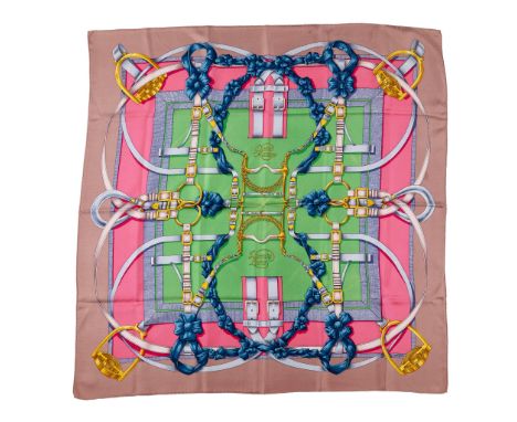 the first pink and green with buckle and bow motifs; the second cream with equestrian scenes(90cm x 90cm)