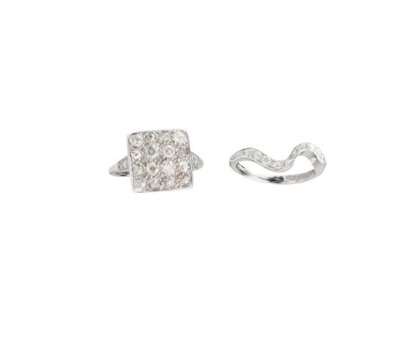 to include a plaque ring, set throughout with old round-cut diamonds, to a plain shank stamped 18ct; together with a curving 