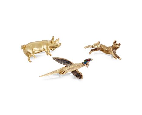 to include a 9ct bi-coloured gold brooch modelled as a pheasant, with enamel detail; a 9ct gold satin finish brooch modelled 