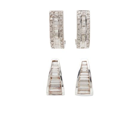 the first channel set with a single row of graduated baguette-cut diamonds, stamped K18, to clip fittings; together with a pa