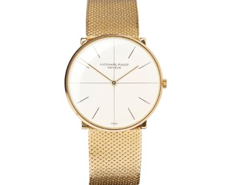 Cal. 2003, slimline, white dial with baton indicators, associated mesh link 18ct gold bracelet, fold over clasp, manual wind,