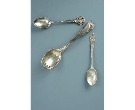 A William IV silver ice cream fork, William Cripps, London, 1830, a George V silver Society of Miniature Rife Clubs spoon, Sh