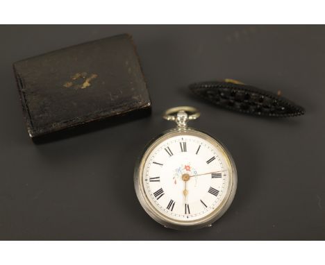 A Victorian lady's white metal fob watch (a/f), together with a French jet navette shaped brooch and a lacquer snuff box