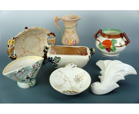 Vintage ceramic bowls, vases and a wall pocket by Crown Devon, Carlton Ware and Sylvac etc