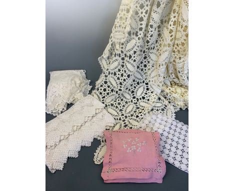 Victorian domestic needlework, including a late Victorian crochet / tatting table cloth, a pink linen handkerchief case conta