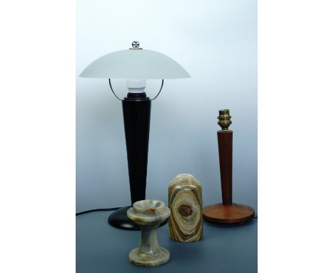 A "Brilliant" designer table lamp, 38 cm high, together with a teak table lamp base, 25 cm high and an onyx candle lamp 