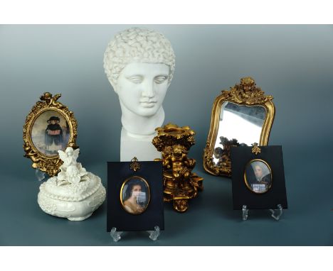 Contemporary decorative furnishing items including a reproduction classical bust, portrait miniatures, Baroque gilt candle st