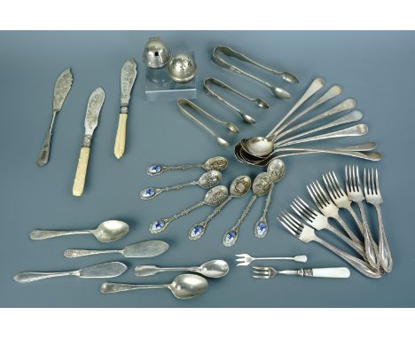 A quantity of vintage electroplate cutlery and a silver pickle fork