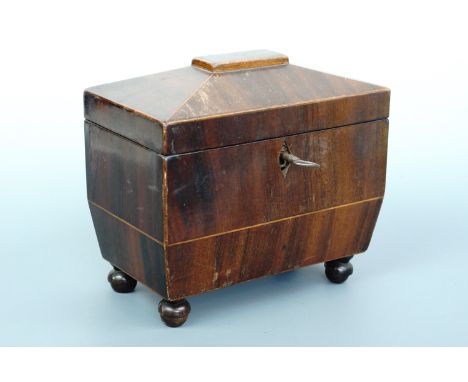 A late Georgian rosewood two-compartment tea caddy with original key, 18 cm x 11 cm x 17 cm high